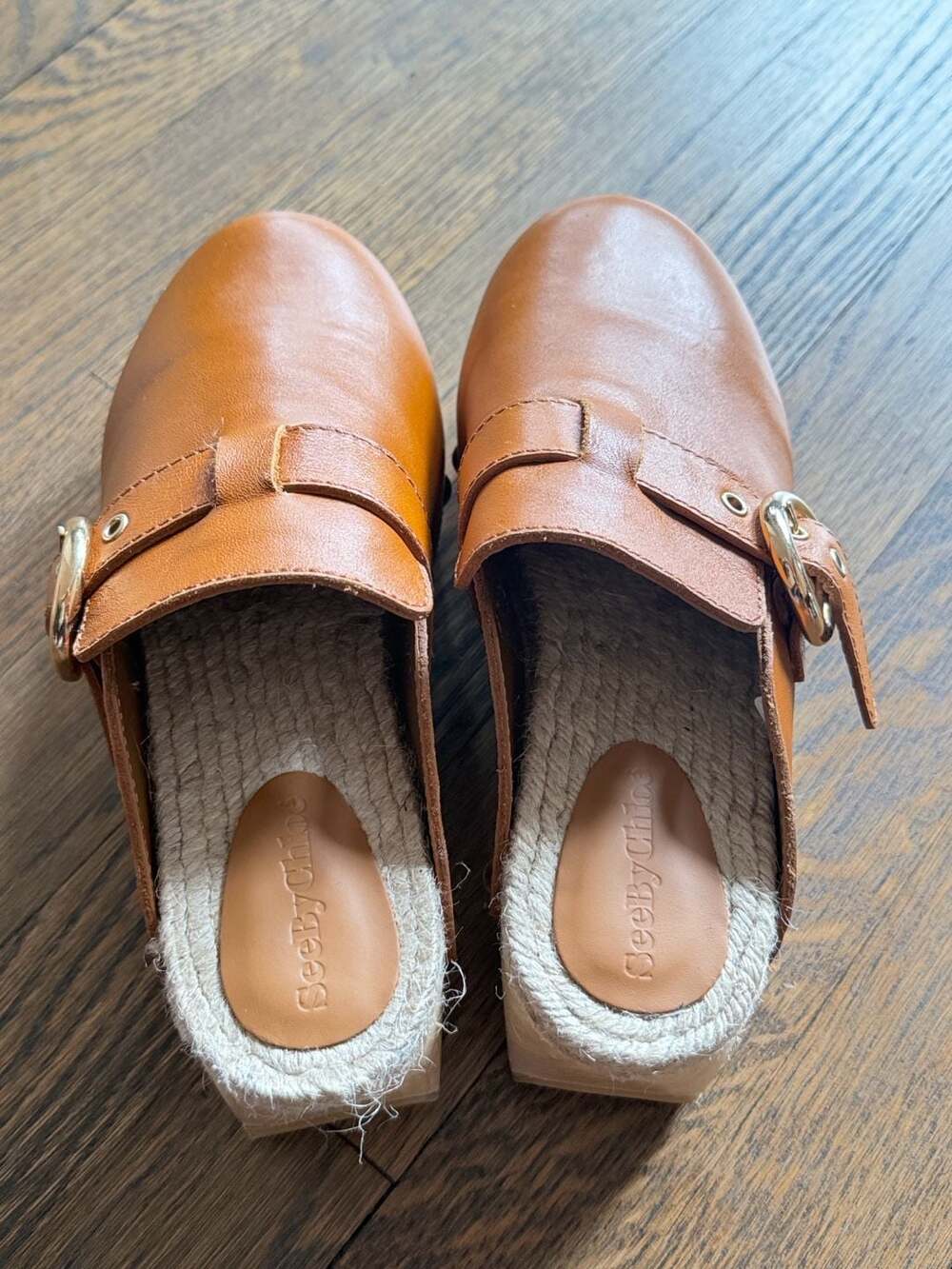 See By Chloe Buckle Leather Espadrille Platform Clogs